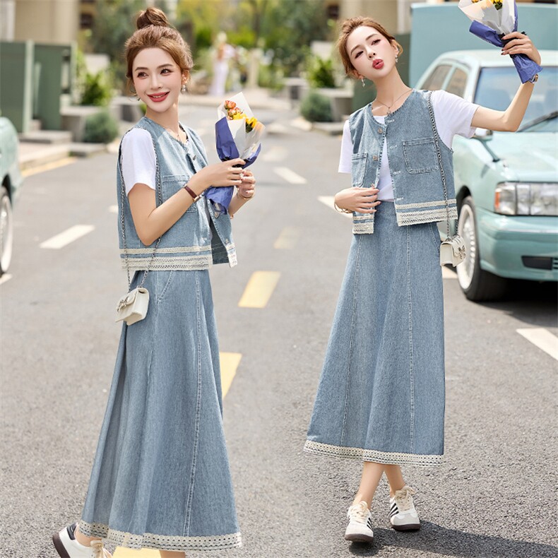 时尚蕾丝拼接牛仔马甲套装女2025年夏季新款洋气减龄半裙三件套,女装套装/套裙,贵人树