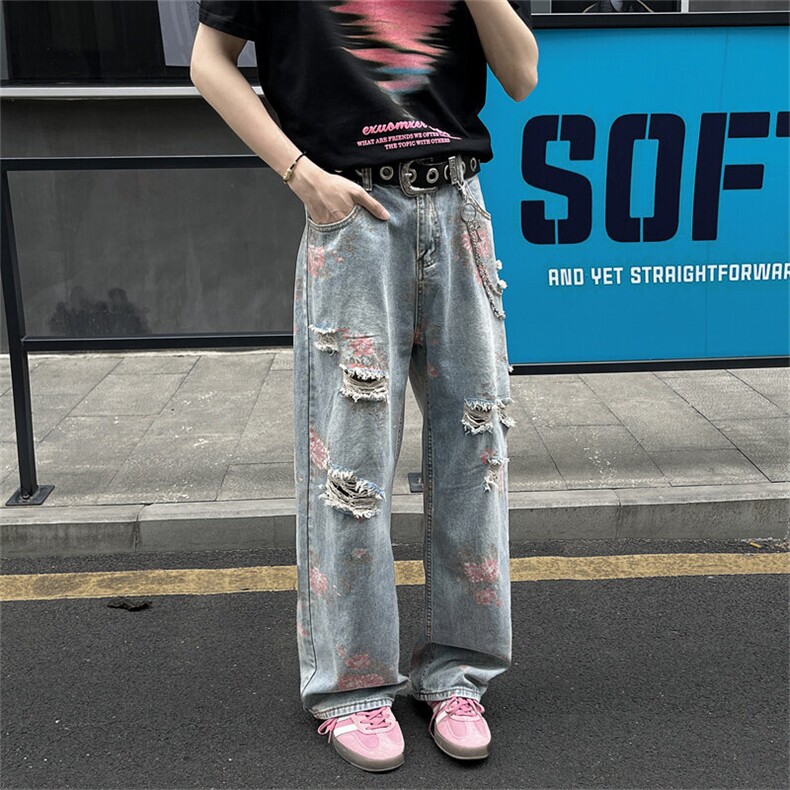 牡丹提花牛仔裤男小众设计感水洗蓝裤子休闲直筒微喇裤,男装牛仔裤,星座308B-1