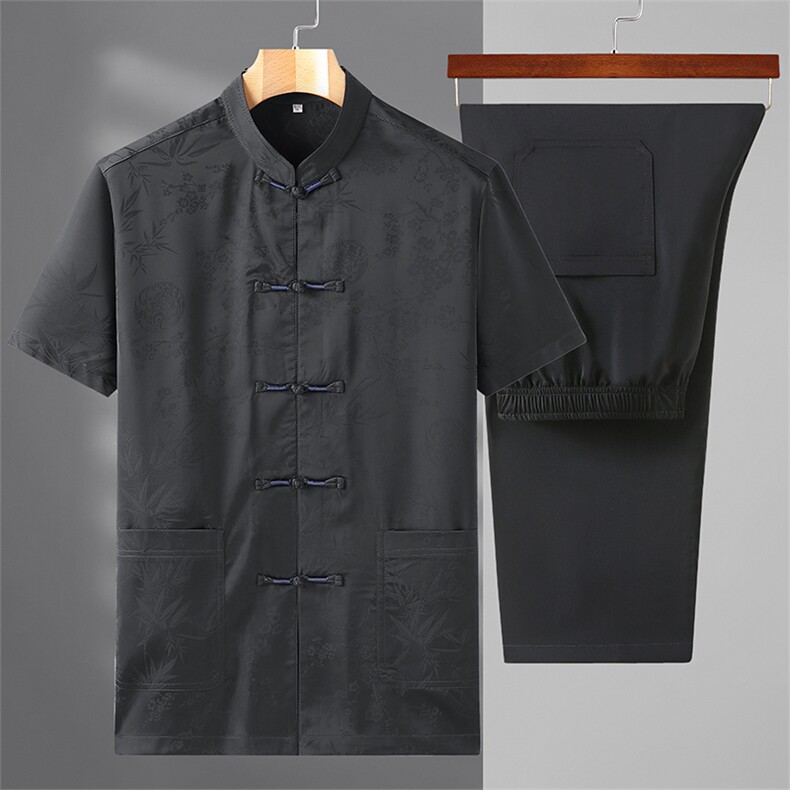 主推男高端风短袖唐装衬衫中式中老年风立体刺绣套装T恤，男装民族服装，钱塘723