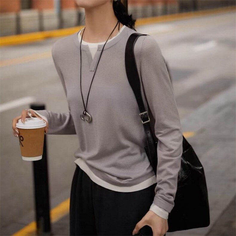 经典圆领百搭舒适休闲纯色显瘦打底衫女款,女装衬衫,美轩羊绒