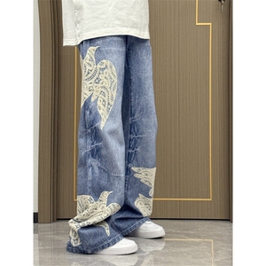【有货】N6014CC-特P65 蕾丝和平鸽贴布刺绣牛仔裤男女款裤子图片