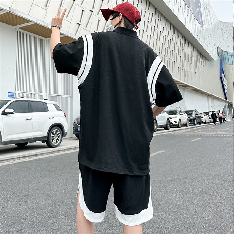 现货主推大码港风情侣翻领polo冰丝防晒五分裤日系套装S17P65,男装牛仔裤,电商B226-2（原B217-2）