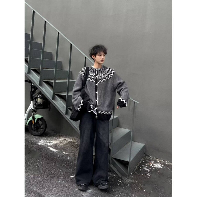 美式复古费尔岛毛衣男秋季高级感绞花针织衫圆领长袖上衣,男装针织衫/毛衣,四季星座505