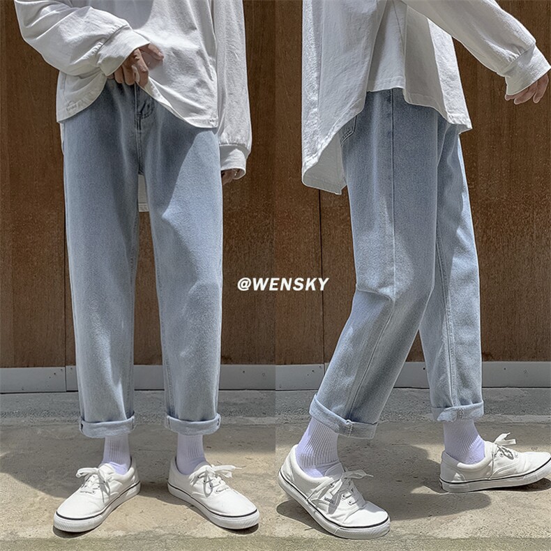 港风秋季新款百搭牛仔裤男 韩版宽松直筒九分裤休闲裤K805/P45图片