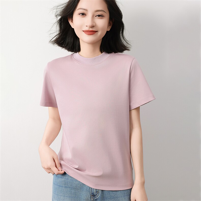 简约风液氨纯棉短袖T恤女2025新款宽松显瘦正肩t恤立领半袖打底衫,女装T恤,元素羊绒