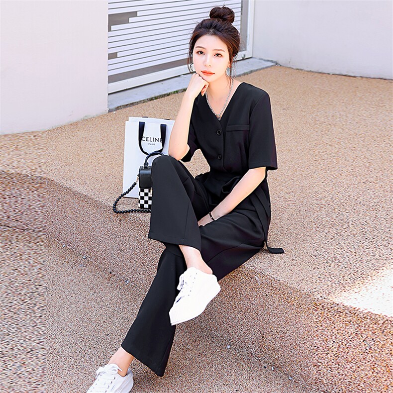 欧货高级感西装连体裤女2024夏季新款韩版高腰显瘦V领阔腿连衣裤,女装连体裤,瑶迪依秀