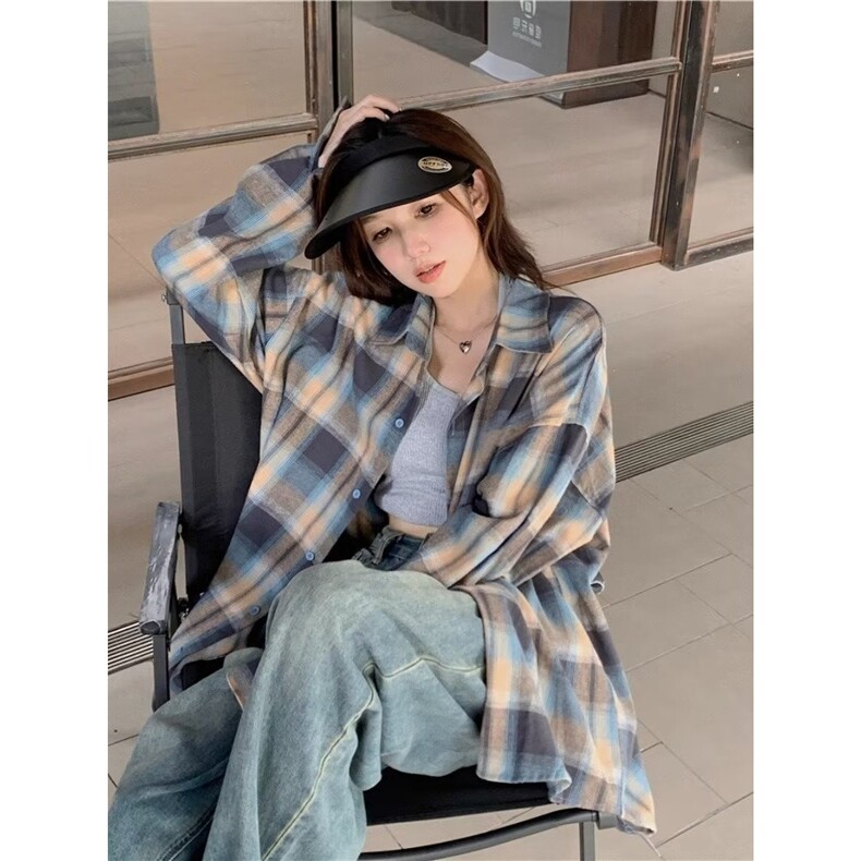 C257-P302025美式复古撞色格子防晒衬衫男女长袖宽松秋冬衬衣，男装T恤，电商B323A