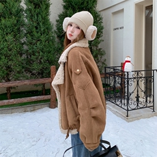 棕色皮毛一体羊羔毛机车外套女秋冬2025新款酷飒风炸街超好看棉服，女装皮草，2C210
