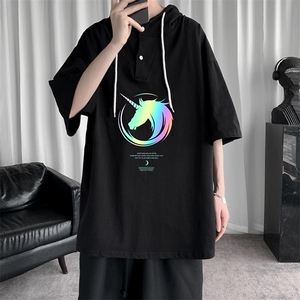 LD54138-P45 连帽短袖t恤男大码胖子带帽五分袖中袖图片