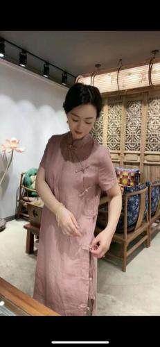 现货一苎麻印花盘扣复古风格，女装，蓝院