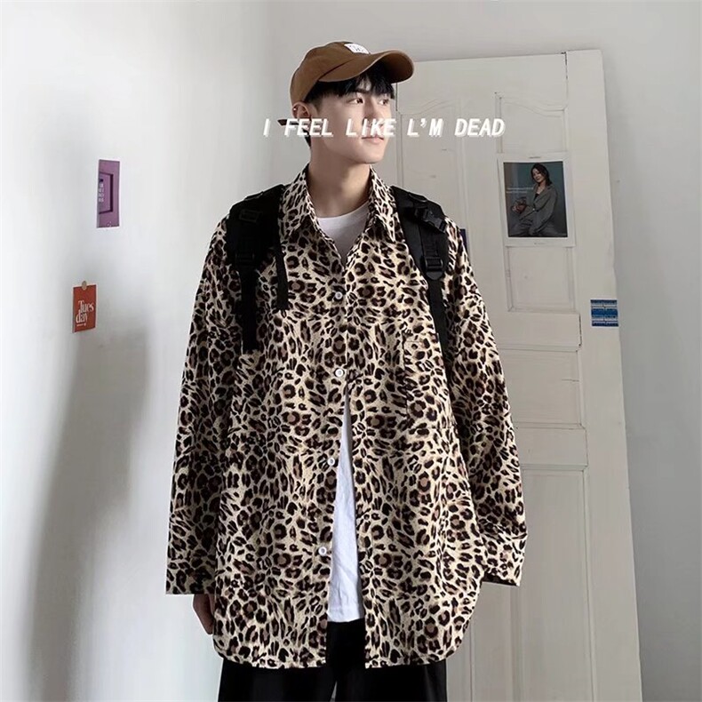23暗黑豹纹印花INS超火宽松男女款流行长袖衬衫C173-P30,男装衬衫,星座1109-3