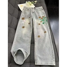 炸街直筒裤子花朵刺绣微喇牛仔裤男潮牌ins宽松休闲裤NHW11，男装牛仔裤，星座1116A（原606A-3）