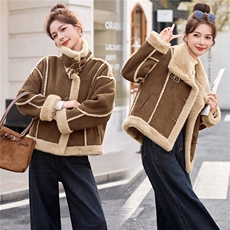 现货2025年冬季新款加绒加厚羊糕毛皮毛一体外套，女装棉衣/棉服，蓝诺裳