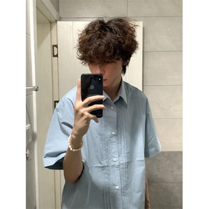夏季潮牌褶皱设计感短袖衬衫男美式宽松休闲百搭纯棉衬衣 CHT213图片