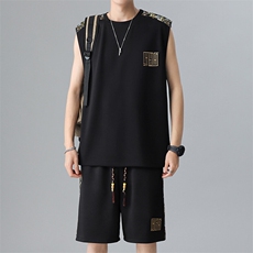 刺绣夏季休闲运动套装男背心短裤两件套拼接小熊A266-TZ2207-P43，男装牛仔裤，电商A266