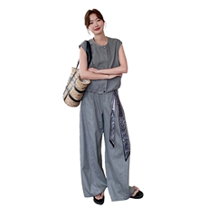 现货主推！2026春夏韩版马甲外套+丝带阔腿裤休闲套装P195-K290，女装套装/套裙，网红馆