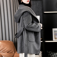 高端时尚韩版双面呢大衣女秋冬新款系带气质长袖连帽羊毛呢外套，女装双面呢大衣，贝源羊绒