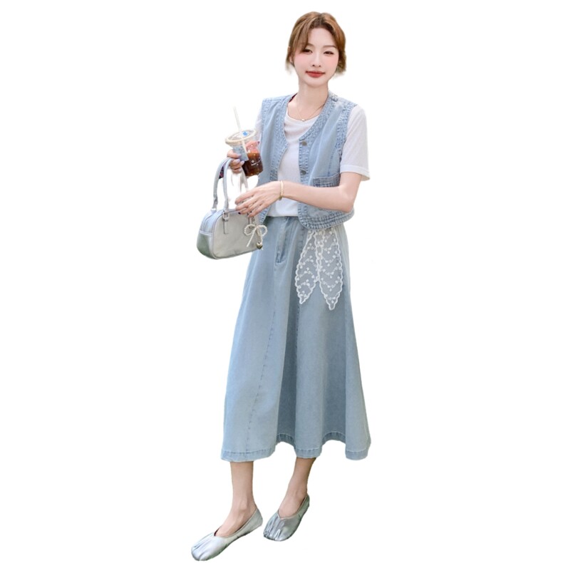 时尚减龄牛仔套装女2025年夏季新款马甲T恤半身裙三件套,女装套装/套裙,吉娜