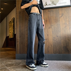 牛仔裤男夏季薄款美式高街vibe风破洞宽松直筒休闲裤N07140-P45，男装牛仔裤，星座308B-1
