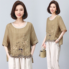 妈妈装夏款棉麻2025年新款中老年女装洋气减龄苎麻小衫，女装T恤，璐依舞