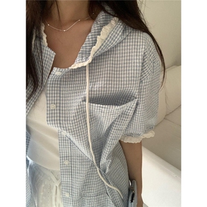 韩ins日系文艺复古格子连帽花边短袖衬衫女夏宽松显瘦上衣图片