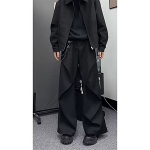 黑色高级感微喇西裤男春秋季垂感垂坠感褶皱工装裤子阔腿休闲长裤图片