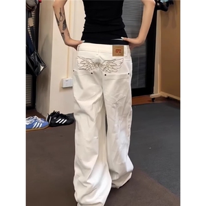 W10384-P55 网图现货 美式街头刺绣脏染反穿牛仔裤水洗做旧直筒裤图片