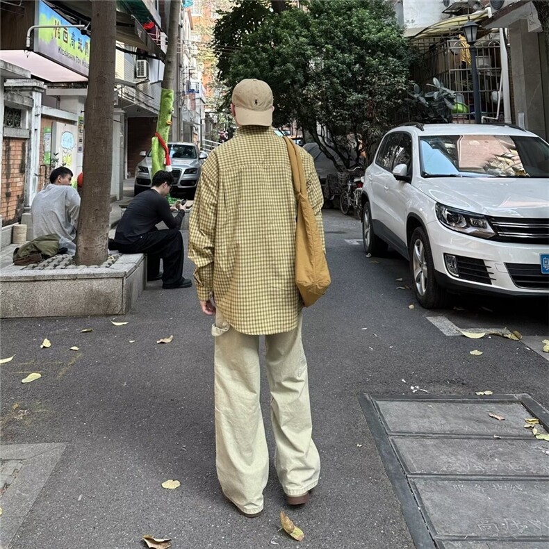 K417-P40美式复古黄色格子衬衫男女春秋高级感休闲宽松防晒长袖,男装防晒衣,电商B323A