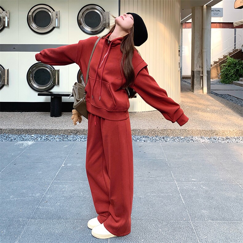 韩系慵懒chic红色休闲运动套装女2025春秋新款卫衣阔腿长裤两件套,女装套装/套裙,2C317A