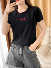 夏季圆领短袖女短款丝光棉t恤宽松韩版字母刺绣精梳纯棉体恤上衣，女装T恤，元素羊绒