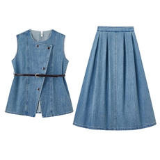 牛仔套装裙2025夏日新款巨好看的韩系松弛感老钱小香风无袖穿搭女，女装套装/套裙，依路服饰