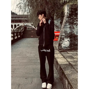 美式高街潮牌男女运动休闲裤直筒宽松慵懒显瘦印花休闲卫裤子图片