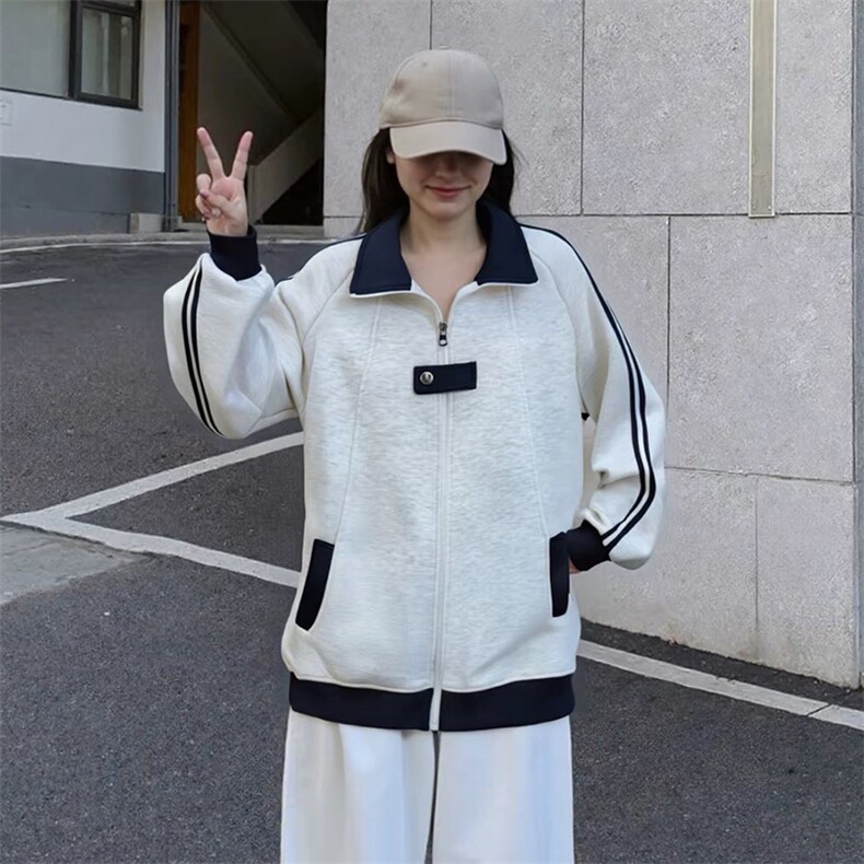 抖音得物品质秋冬美式高街重磅结构拼接织带翻领卫衣夹克外套W113,男装夹克,电商A486