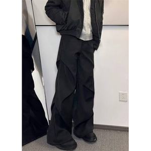 小众褶皱拖地微喇休闲裤高级感宽松直筒垂感黑色西裤男 KY58图片