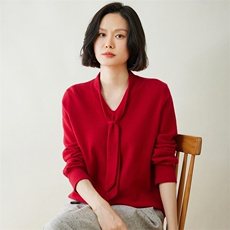 优雅气质V领系带羊绒衫显瘦百搭长袖针织衫，女装羊绒衫，迎冬羊绒