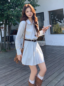 秋季少女风长袖套纹A字裙百褶连衣裙小众裙子显瘦气质长袖时尚图片