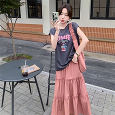 韩版甜美减龄印花背心T恤套装女2025夏季新款显瘦半身长裙两件套，女装套装/套裙，2C203