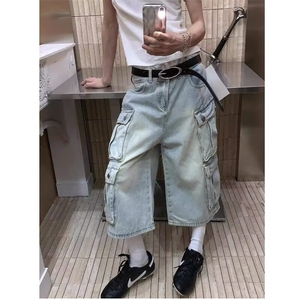 多口袋水洗做旧五分牛仔短裤女夏季美式宽松阔腿工装七分裤图片