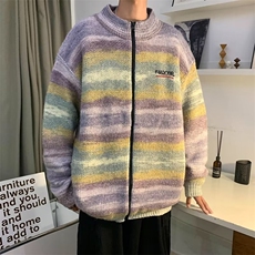 渐变条纹针织衫男秋冬季美式潮牌开衫毛衣宽松情侣外套MZ158-P72，男装针织衫/毛衣，星座412-3