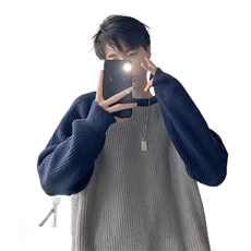 男女秋冬新款时尚拼接插肩袖圆领毛衣日系复古套头打底拼色针织衫，男装针织衫/毛衣，星座506A