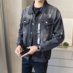 JK302-p95-限价138 现货店主风牛仔夹克肥仔量足破洞印花大码图片