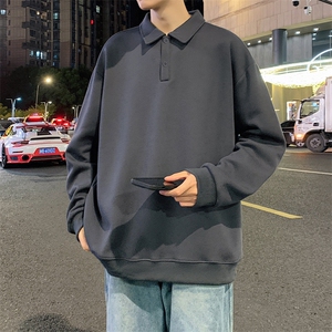 抖音得物高品质二开230克精梳珠地光版纯色宽松长袖T恤翻领POLO衫图片