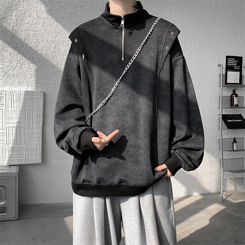 现货新款设计星星铆钉拉链立领休闲春款卫衣高街立领卫衣特P49，男装卫衣，电商B319