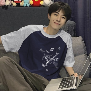 抖音得物高品质二开240克宽松纯棉美式潮牌插肩袖拼接短袖T恤图片