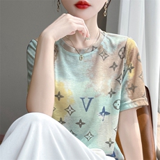 短袖t恤女夏季简约圆领宽松简约百搭花色打底女上衣，女装针织衫/毛衣，绒宛羊绒