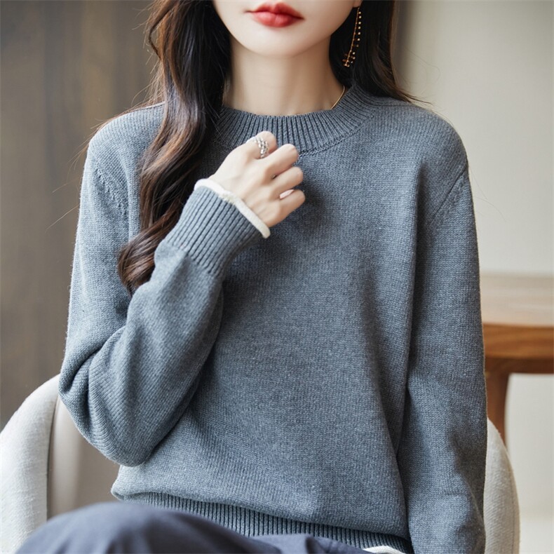 2025秋新款法式撞色100%纯棉针织衫宽松休闲打底衫女毛衣保暖加厚，女装针织衫/毛衣，长今羊