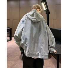 美式复古立体多口袋做旧牛仔外套连帽渐变宽松夹克上衣N1226/P68，男装工装外套，星座506