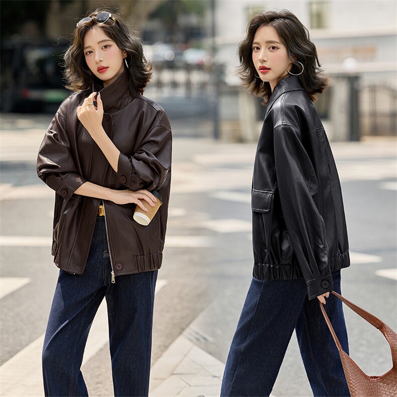 海宁皮衣女外套2025春秋新款时尚皮夹克时尚休闲宽松显瘦上衣,女装皮衣,江南女神