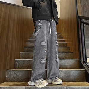 风破洞牛仔裤男宽松百搭直筒松紧腰春夏季新款阔腿裤 N6086图片