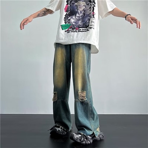 美式破洞复古牛仔裤男宽松直筒高街嘻哈潮牌阔腿裤长裤NT20-p45图片